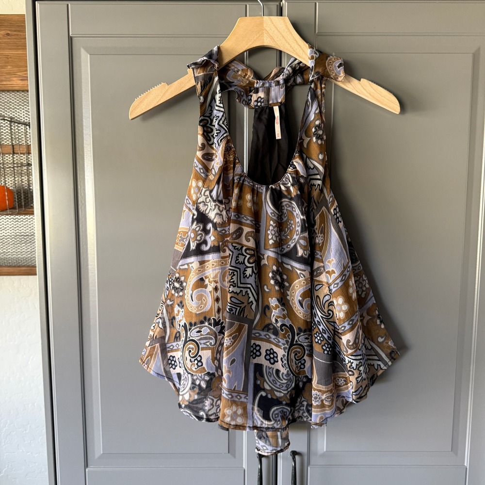 Free People Strawberry Retro Paisley Print Racerback Tank Top, Brown Blue, XS - Picture 1 of 13